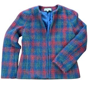 Talbots Wool Blend Plaid Jacket Women 2P Petite Red Blue Green Open Front Blazer